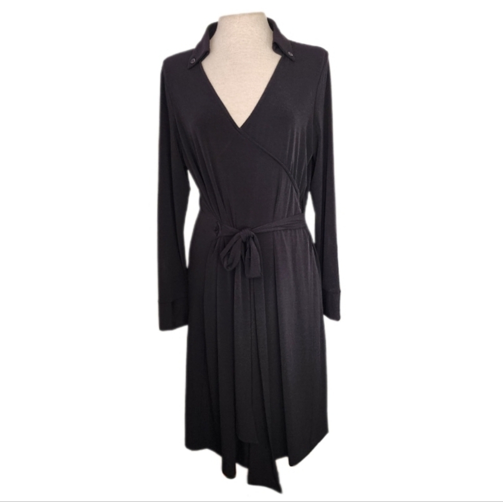 Dennis Basso Dress Faux Wrap Stretchy Long Sleeve V-Neck Black Size M